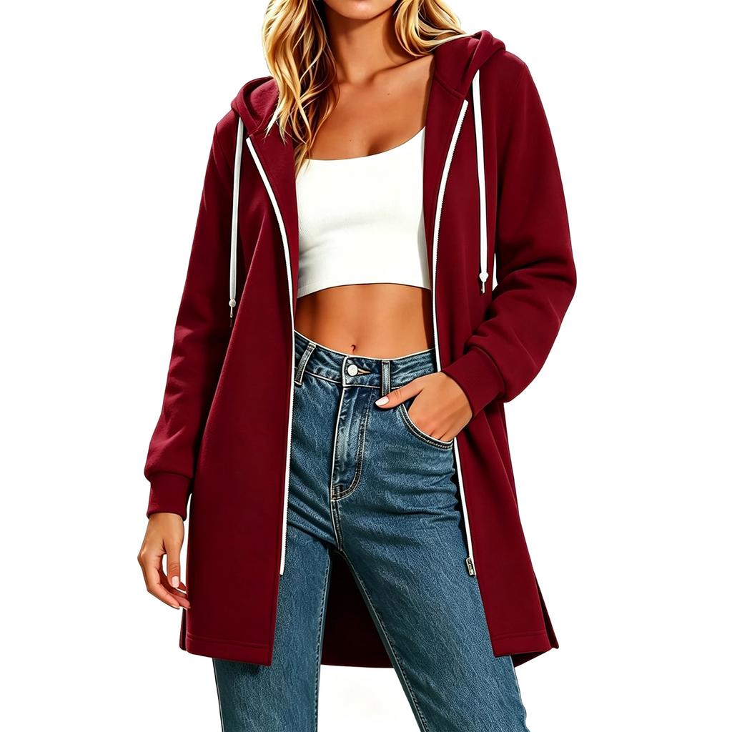 Cardigan da donna casual alla moda con cappuccio, chiusura lampo, manica lunga, vestibilità ampia con spacchi laterali