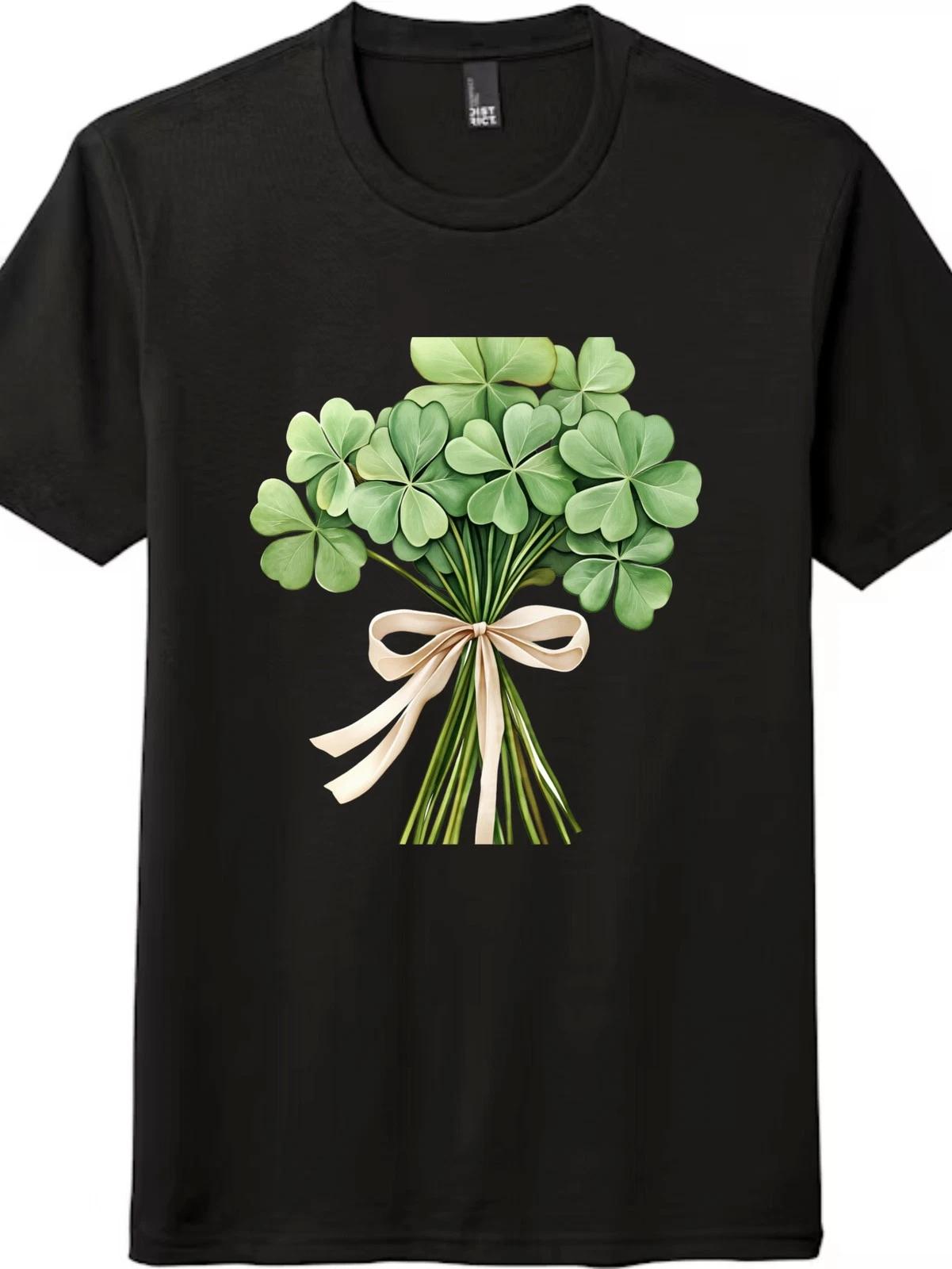 Unisex St. Patrick s Day Shamrock Bouquet Graphic T-Shirt Casual Retro Tee 4XL