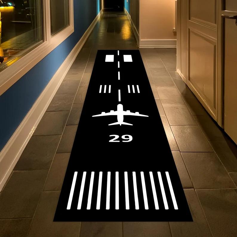 Airplane Runway Runner Rug Glow-Inspired Airport Hallway Carpet for Kids Pilot Gift Aviation Themed Modern Floor Mat Bedroom
