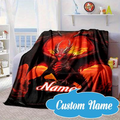 Custom Name Fiery Dragon's Majesty Blanket Bed Sofa Blanket Flannel Blanket for Camping, Hiking, Picnic Essentials,gift for Fan Family