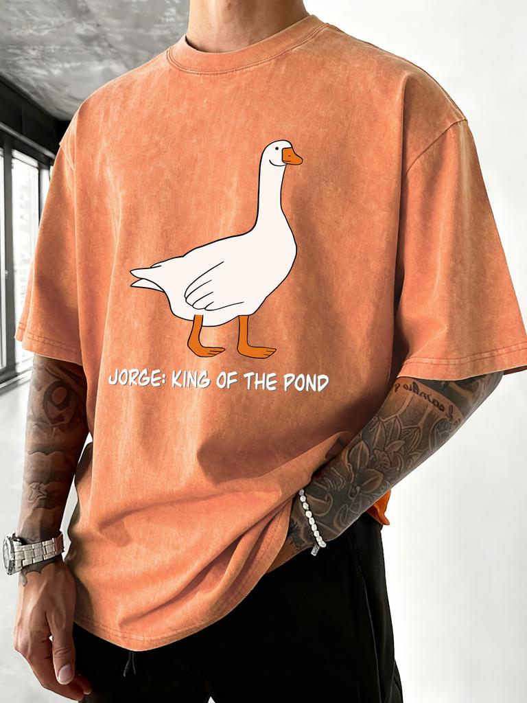 Jorge King Of The Pond Print Washed T Shirt Men Summer Breathable Tops Cotton Vacation Streetwear Hip Hop Loose Tee Shirts