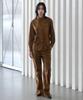 320 Showroom Faux Leather Side Slit Button Elastic Fleece-Lined Bootcut Pants Brown