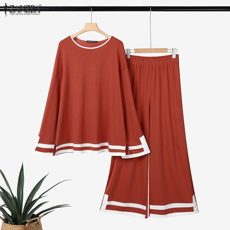 ZANZEA 2PCS Women Long Sleeve Blouse and Pants Stitching Casual Two Piece Suit Sets