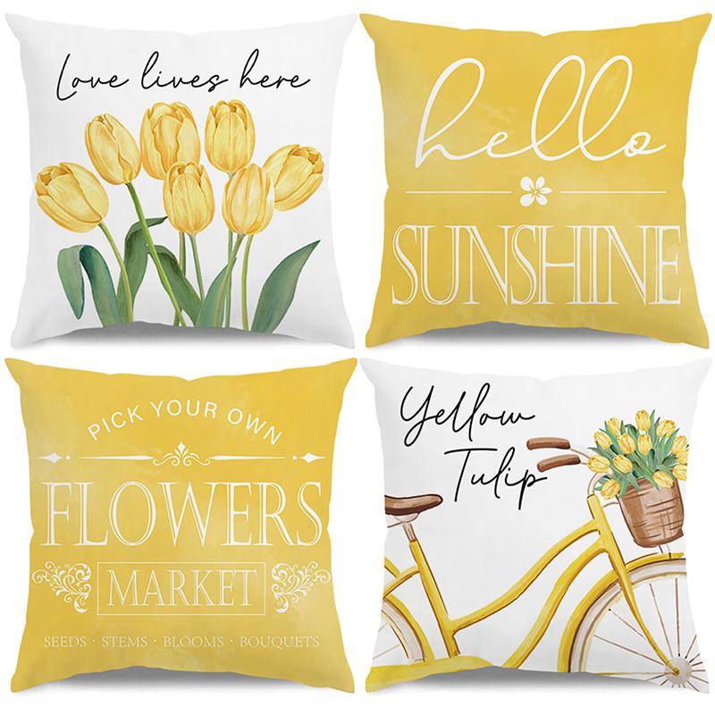 Panika Chen Unisex Yellow Tulip Bicycle And Hello Sunshine Pillows Polyester Pillowcase, Sofa Decorative Cushion Cov Headboard Pillow