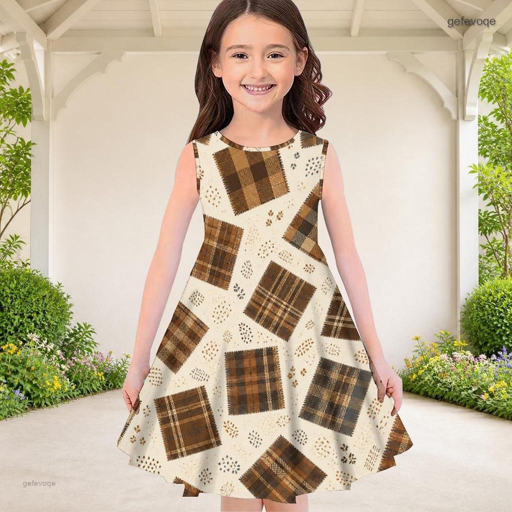 Girls Round Neck Sleeveless Geometric Printed A Line Flared Dress Blue Orange Beige