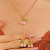 Red Sweet Cherry Clavicle Chain Necklace and Earrings Women's Summer Fashion Green Leaf Pink Cherry Fruit Pendant Zircon Set
