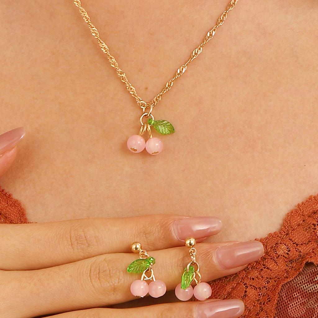Red Sweet Cherry Clavicle Chain Necklace and Earrings Women's Summer Fashion Green Leaf Pink Cherry Fruit Pendant Zircon Set