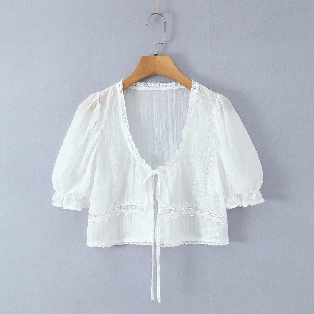 2026 Women's Embroidered Two-Piece Set: Sweet & Spicy Slim Fit Puff Sleeve Lace-Up Shirt + Short Camisole Vest