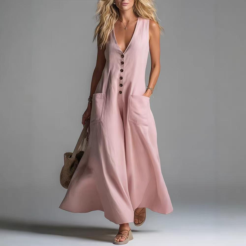 2026 Euro-American Deep V-Neck Sleeveless Pocket Long Dress