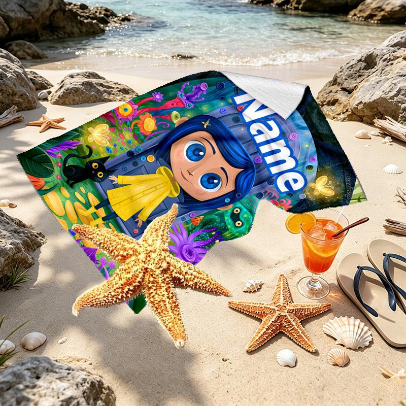 Custom Name Personalized Coraline Print Beach Towel, for Trip Camping Beach Party Home Decor, Birthday Gift for Family & Friends