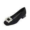 Single Shoes Light Mouth Soft Sole Suede Thick Heel Low Heel Rhinestone Square Buckle French Black Professional Shoes