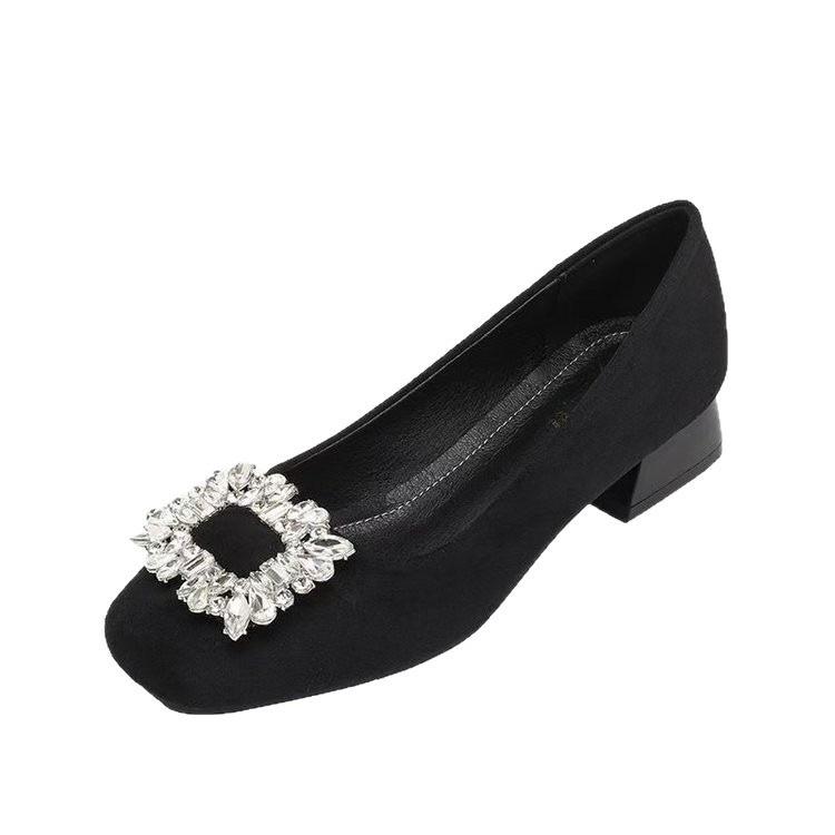 Single Shoes Light Mouth Soft Sole Suede Thick Heel Low Heel Rhinestone Square Buckle French Black Professional Shoes