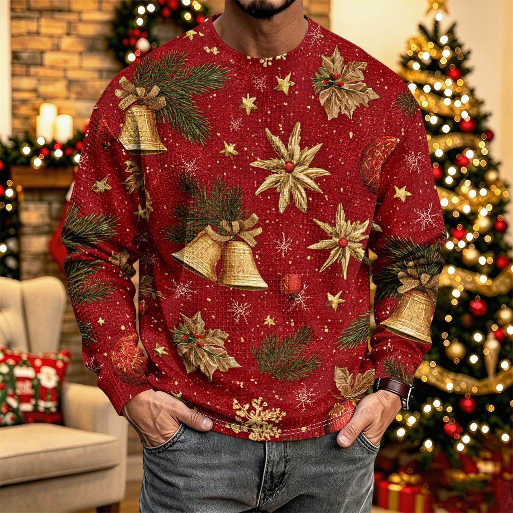 Men's Casual Knit Long Sleeve Neck Shirt with Christmas Print for Holiday Parties