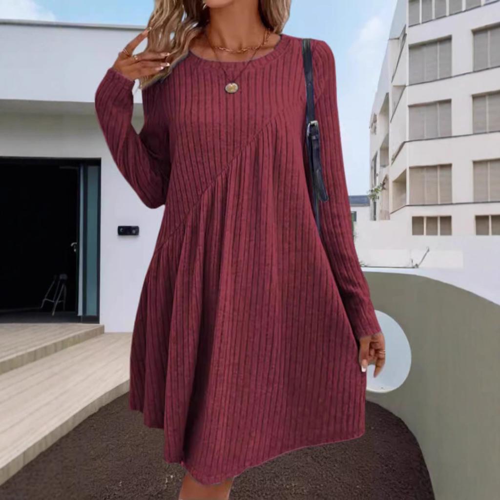 Women's Long Sleeve Knit A-Line Dress with Vertical Stripes