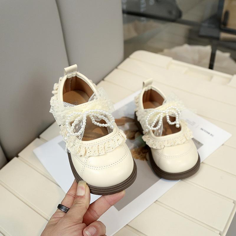 Kids Beige Lace Pearl Bow Mary Jane Shoes Soft Sole Non Slip Casual Shoes 20