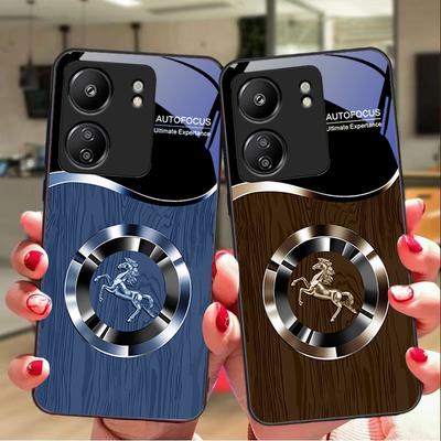 Drewno Słoje Koń Niebieski Dla Xiaomi Redmi 13C Note13 12 Pro Plus 5G Note 9 13T Pro POCO X6 F5 F6 Czarny Szkło Hartowane Etui na Telefon