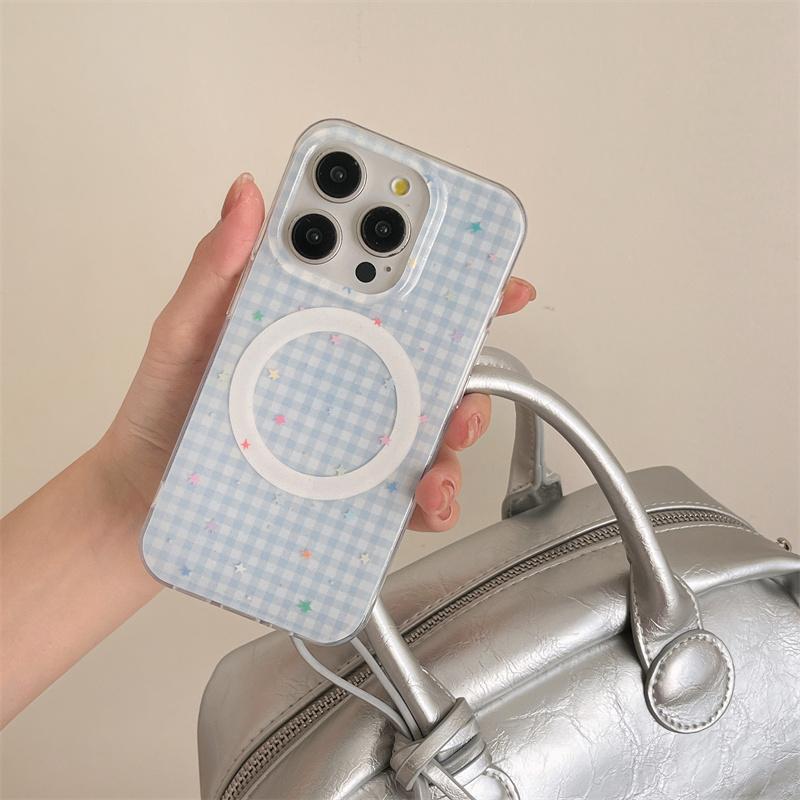 

Fashion Plaid Pattern Magnetic Phone Case For iPhone 16 Pro 15 14 13 Pro 12 Max Cover with Magsafe Wing Bracket Cute Stand Cases iPhone 14 Pro Max