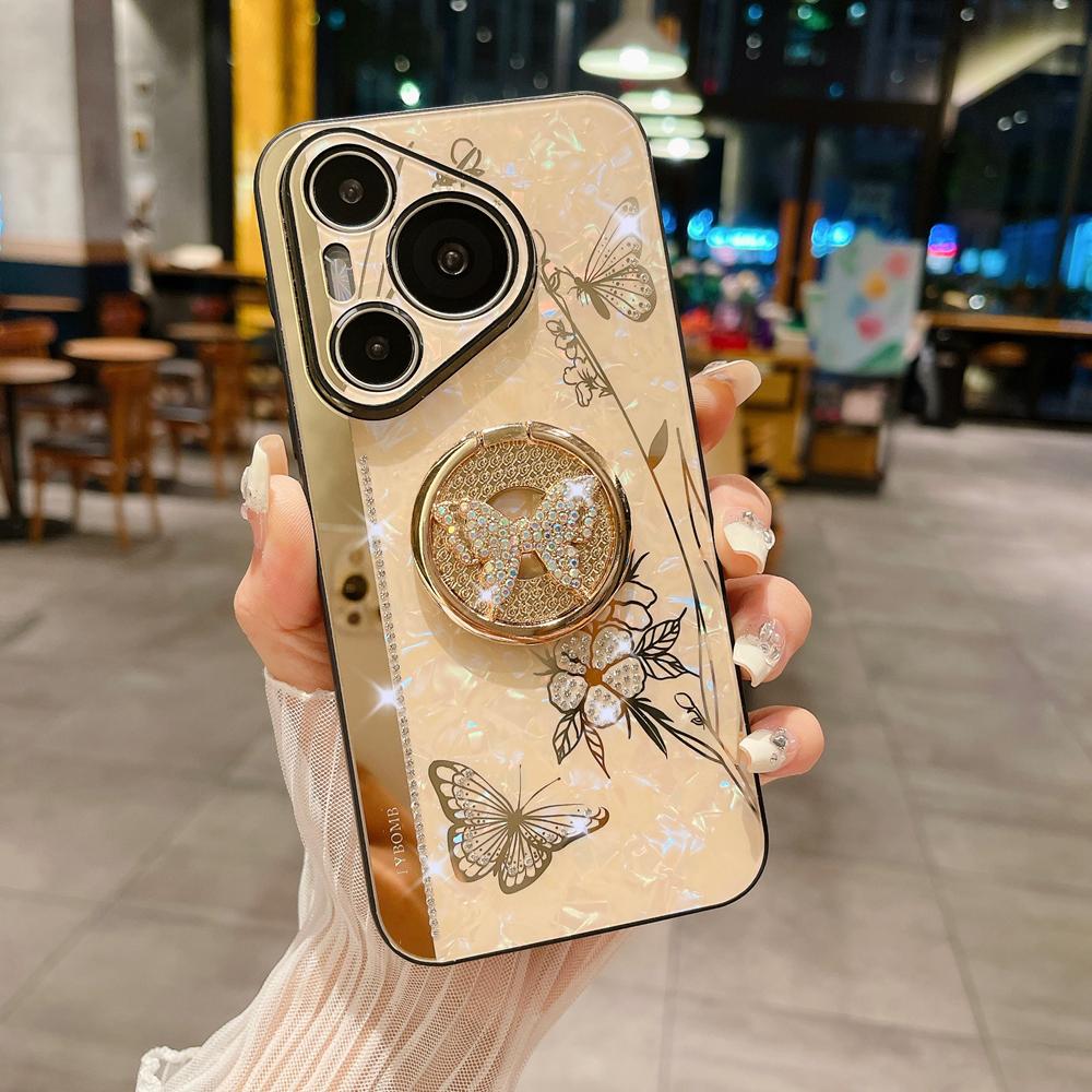 

Противоударный чехол KEYSION для Huawei Pura 70 Ultra 70 Pro+ Butterfly Ring Stand Phone Back Cover для Huawei P60 Pro P60Art P50 P40 for Huawei Pura 70 золотой