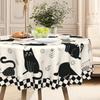 Simple Cartoon Cat, Black And White Plaid Pastoral Round Tablecloth, Household Table Cloth, Restaurant Decorative Cloth