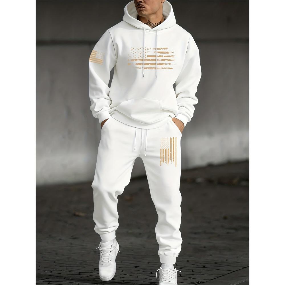 

Fashionable Men s Casual Suit with Flag Pattern Printed Drawstring Hoodie and Drawstring Sports Pants Set, Suitable for Outdoor Travel S белый