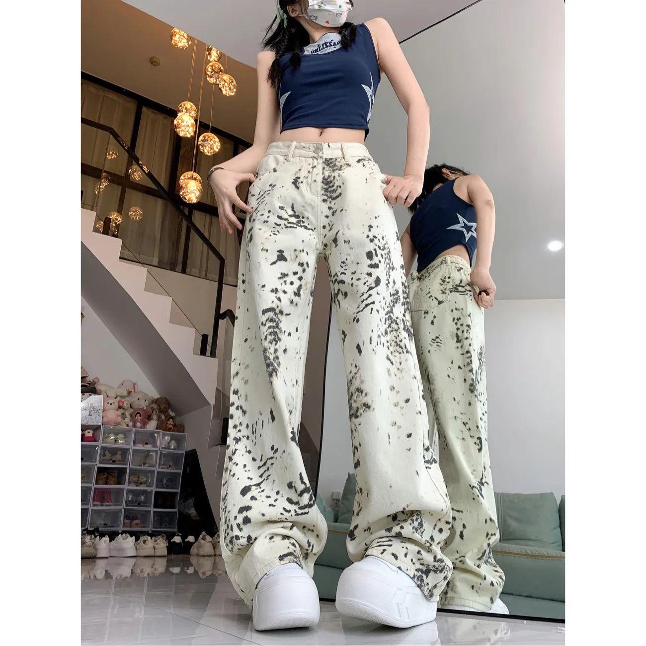 

Широкие джинсы с леопардовым принтом в стиле ретро для женщин, летние, новые, повседневные брюки свободного кроя с высокой талией и прямыми штанинами XL бежевый