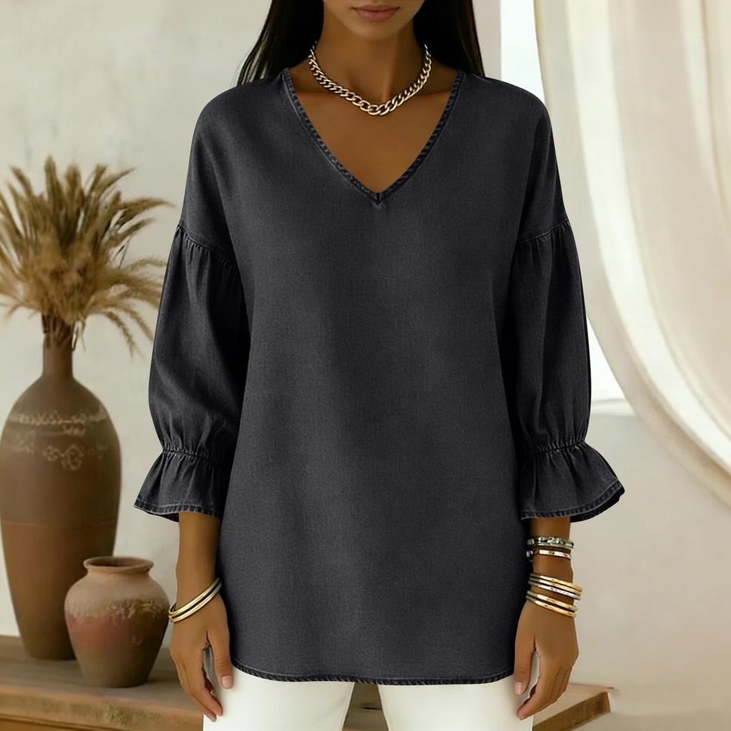 Women's -color Casual Nine-quarter Sleeve Retro V-neck Shirt