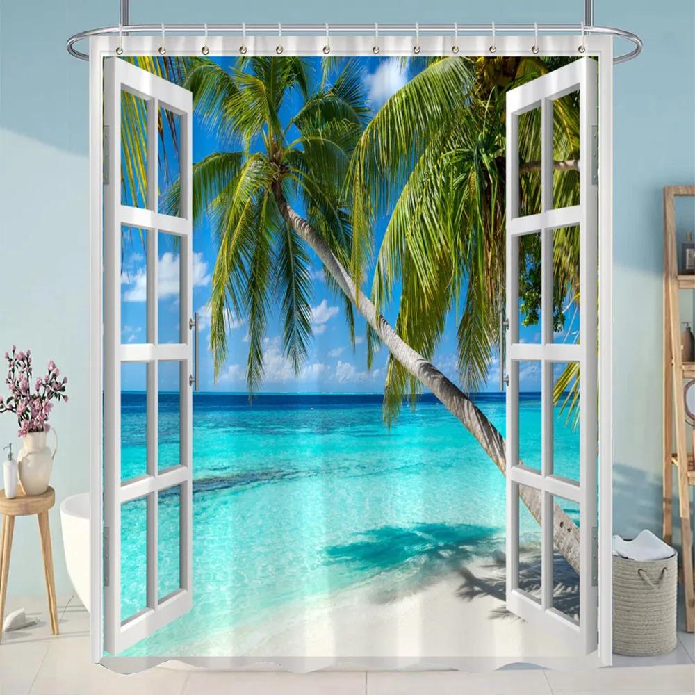 Simulation Window Beach Forest Outdoor Shower Curtain Tropical Seaside Landscape Bohemian Cloth Hanging Curtains Bathroom Decor