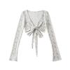 Women's Thin V-neck Cropped Top with Waist Tie & Bell Sleeves - Spring/Summer Long Sleeve Sun Protection