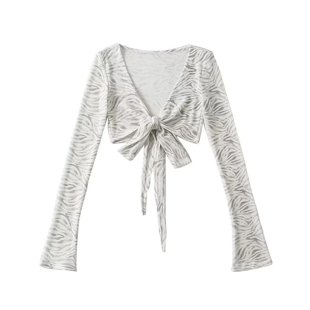 Women's Thin V-neck Cropped Top with Waist Tie & Bell Sleeves - Spring/Summer Long Sleeve Sun Protection