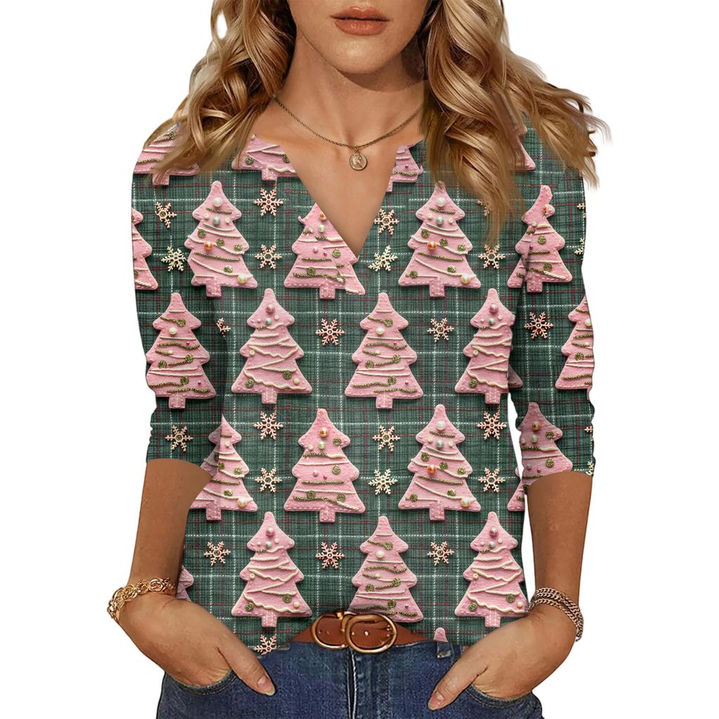 Women's Casual Fashionable Sexy Comfortable V-Neck Christmas Three-Quarter Sleeve Top