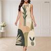 Women Plus Size Round Neck Triple Keyhole Cutout Sleeveless Abstract Printed Long Dress