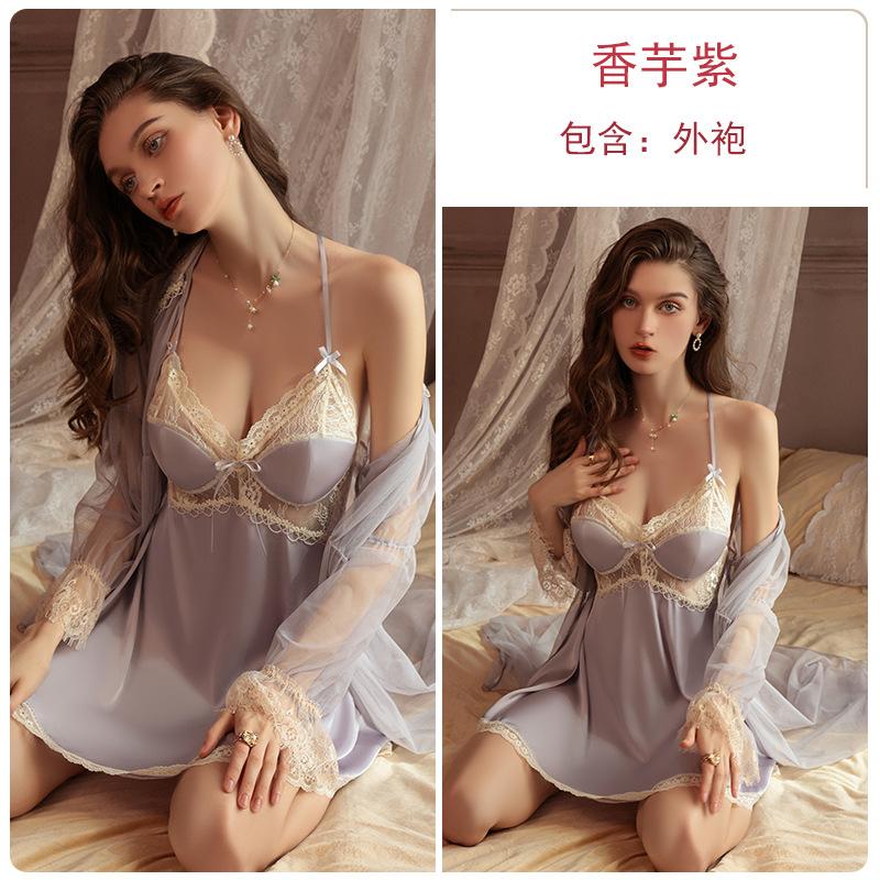 Women's Plus Size Push Up Padded Backless Cami Sleep Dress with Long Robe Lounge Set