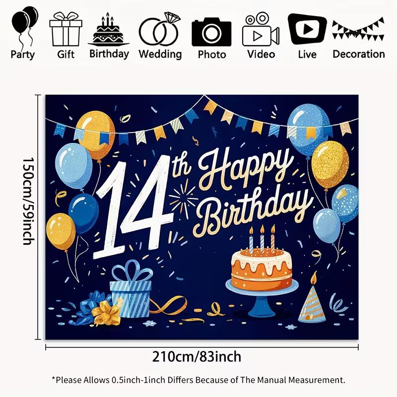 2D Happy 14th Birthday Backdrop, Navy Blue Gold Balloon & Cake Background Cloth