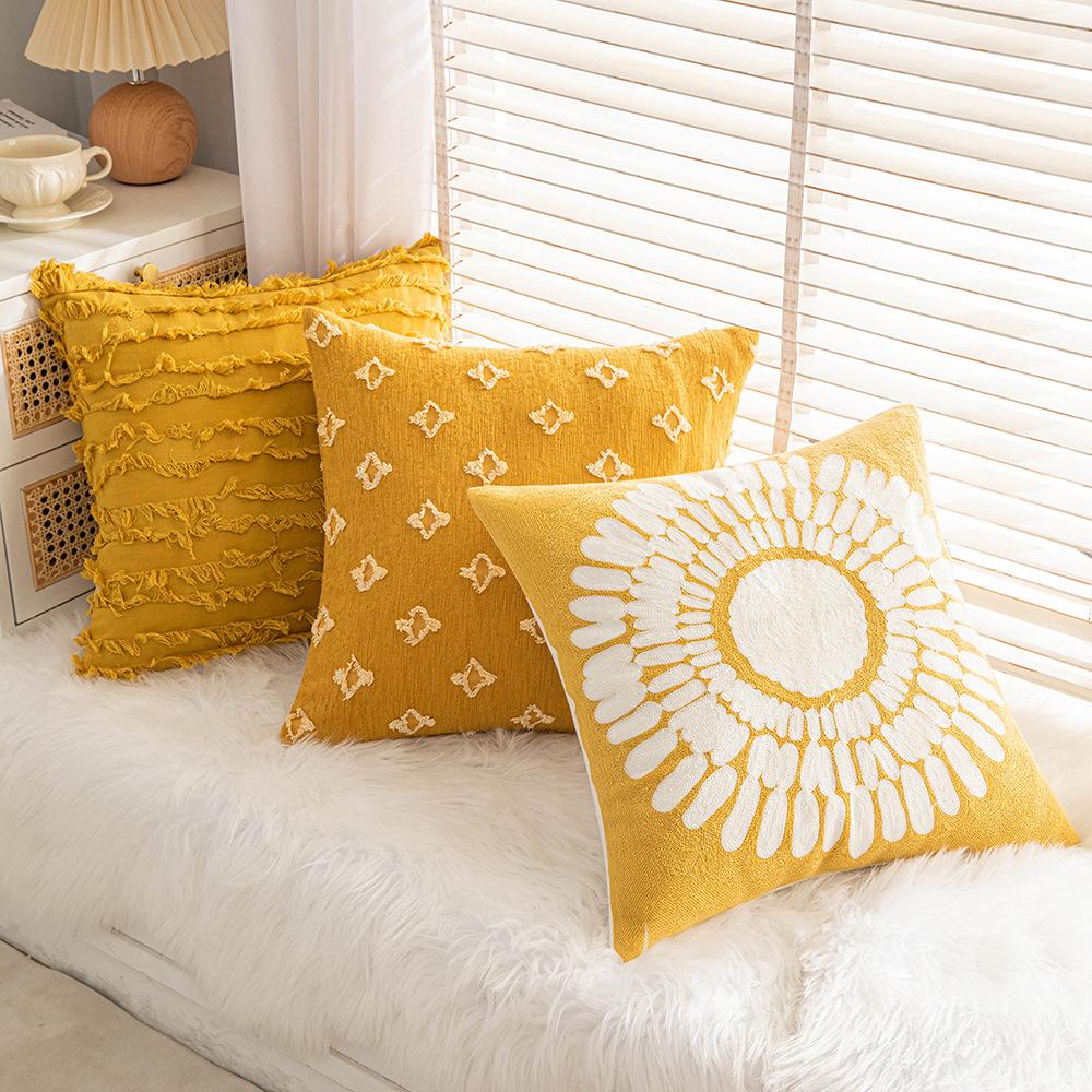 Ins-Shi Nordisch Gelbes Kissen Blumenstickerei Kissenbezug Wohnzimmer Sofa Kissen Musterzimmer Nachttischkissen