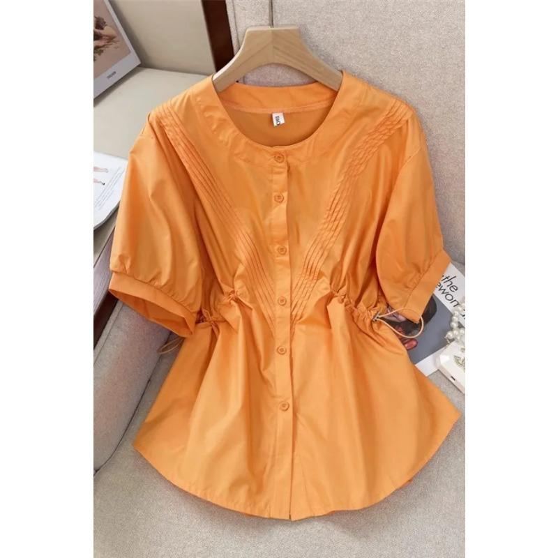 

Women Orange Pleated Drawstring Waist Puff Sleeve Peplum Shirt S помаранчевий