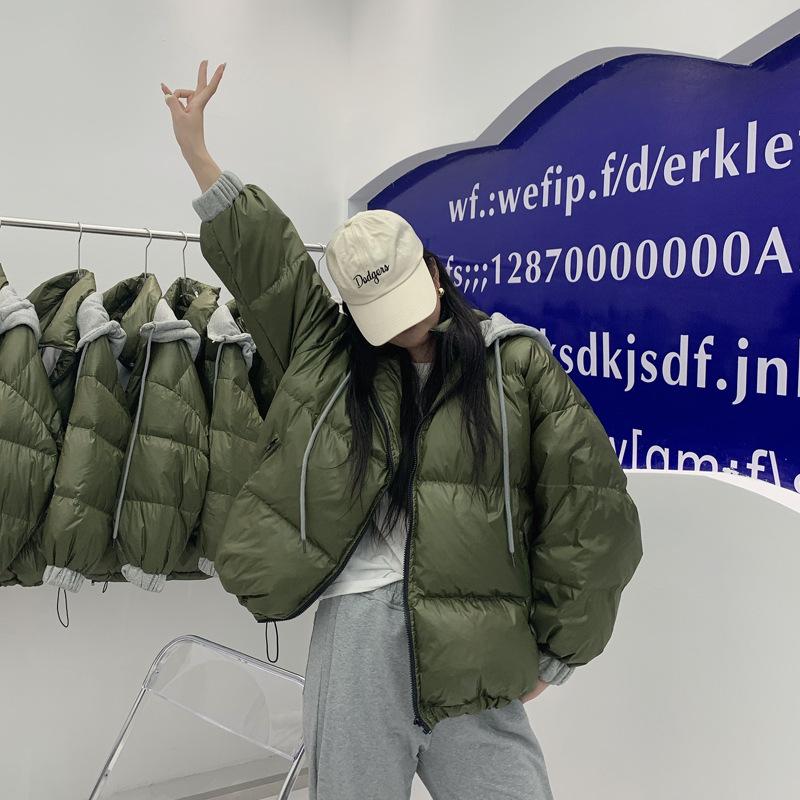 

White duck down sweater splicing short down jacket women s thickened warm hooded bread jacket casual couple jacket large size one size fits all армія зелений колір