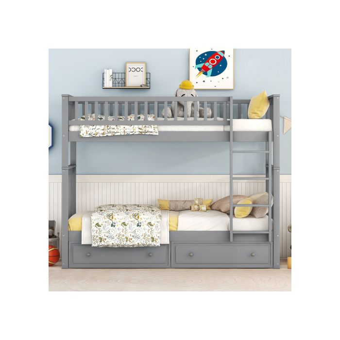 Lits Superposés - MUVOE - 90x200cm - Gris - Avec Tiroirs - Transformable En Lits De Jour