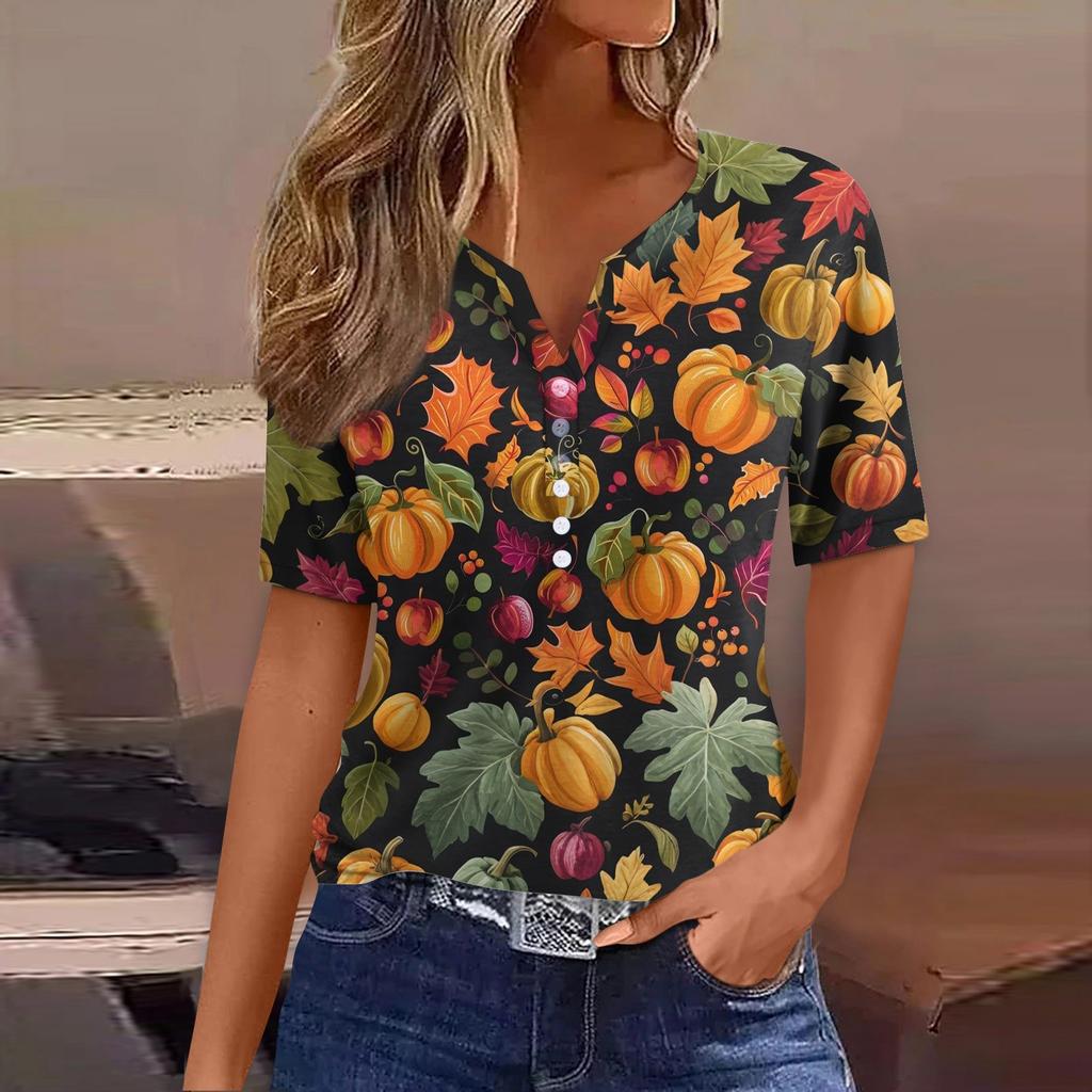 Dames T-skjorte Tee Halloween Trykket Knapp Kortermet Tunika Daglig Helgemote Basic V-hals Vanlig Topp