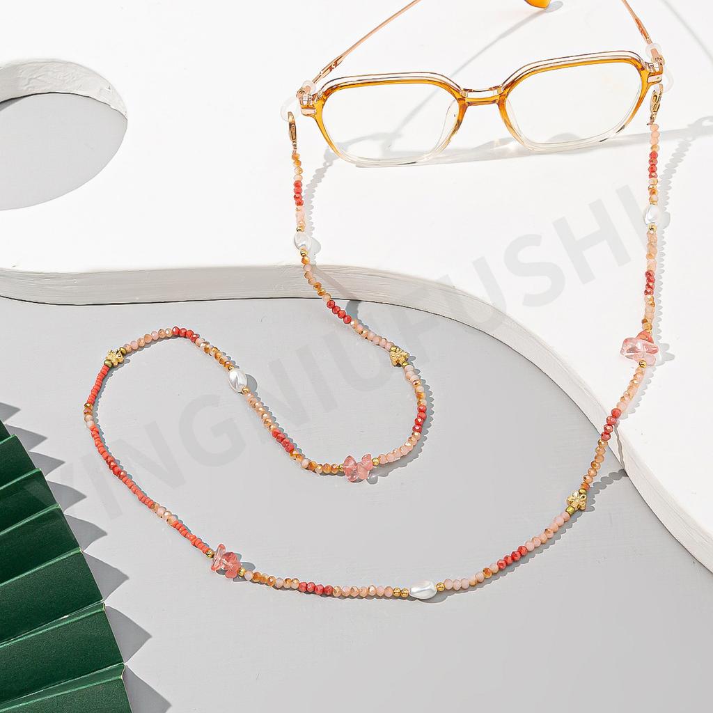 Creative Color Series Gravel Glasses Rope Ins Women's Anti-lost Pearl + Crystal Neck Glasses Chain Glasses Rope