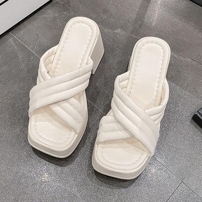 Waterproof Desk Thick-heeled High-heeled Shoes, New Models In the Summer of 2025, Lightweight Ins Show Height, and Wear Small One-word Slippers Outsid