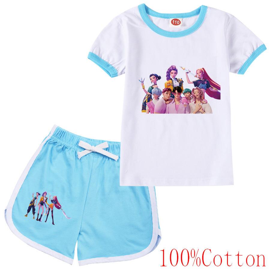 Kinder Mädchen Anime Cartoon K-Pop Rumi Zoey Mira Bedrucktes Lässiges Kurzarm T-Shirt Shorts Kleidung Set