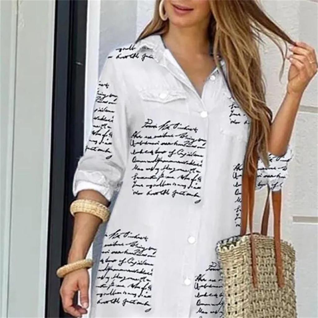 Shirt Dresses For Women Sexy Casual Print Long Sleeve Blouses Loose Slit Maxi Dresses Button Down