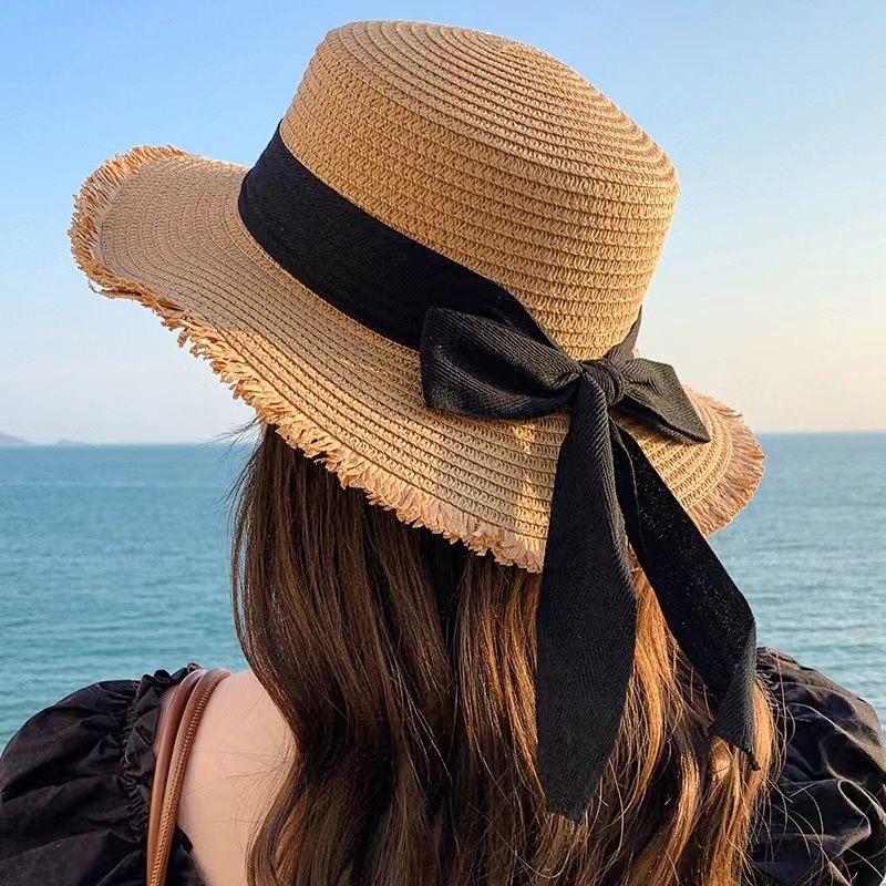 Lace straw hat women's summer bow large brim sunshade sun hat seaside vacation beach sun hat