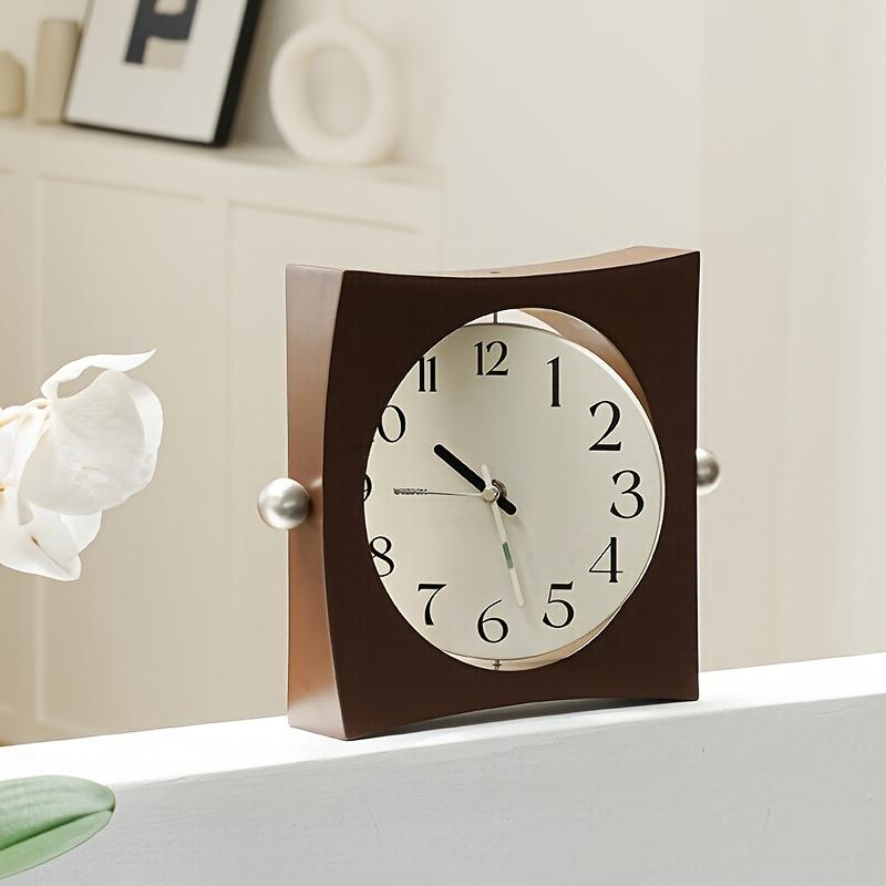 Unique Square Wall Clock with Curved Appearance, Metal Ball Decorations, Rotatable Dial, Beige Face with Black Numbers, Silent Operation, Wooden Frame