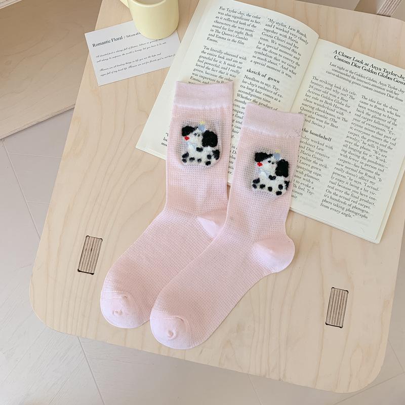 

5pair Scribbled Dog Socks Women S Summer Thin Mesh Hollow Tube Stacking Socks College Style Cute Women S Socks Long One size розовый