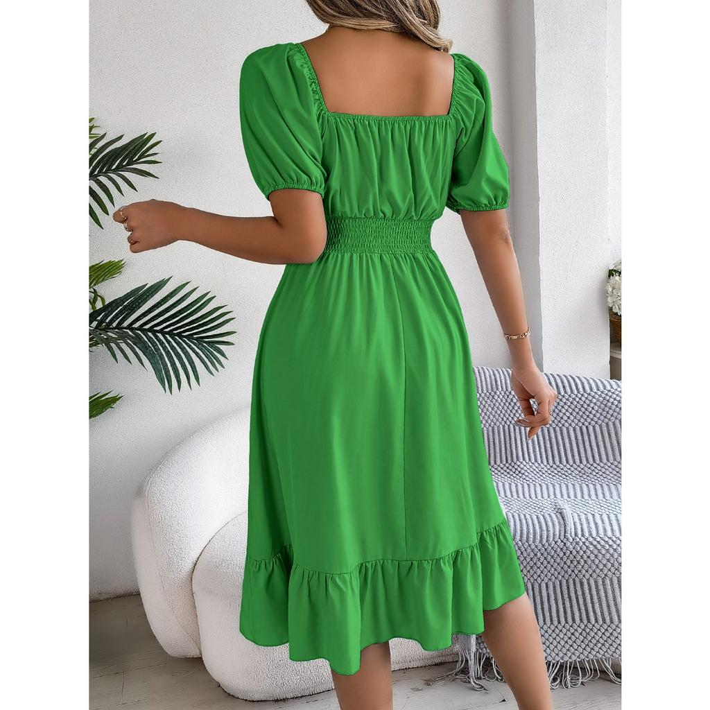 GMXIA Spring and Summer Casual Square-neck Short-sleeved, Waist-cinched, Ruffled A-line Skirt Women's Clothing
