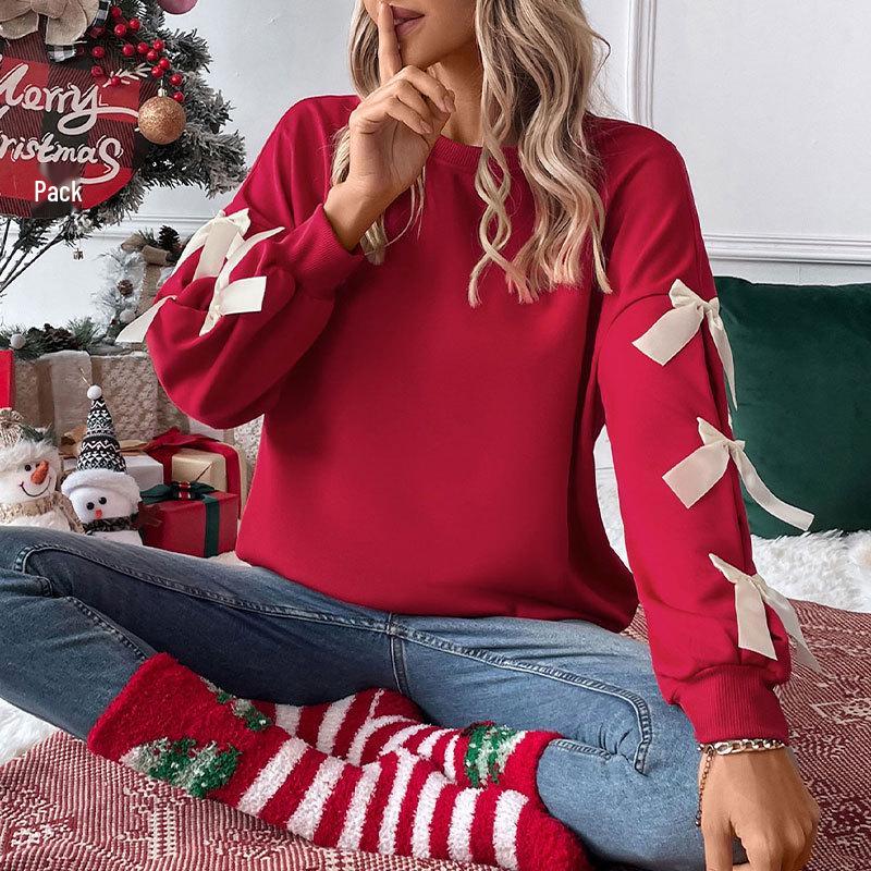 2026 Autumn/Winter Women's Solid Color Bow Long Sleeve Round Neck Hoodie for Christmas