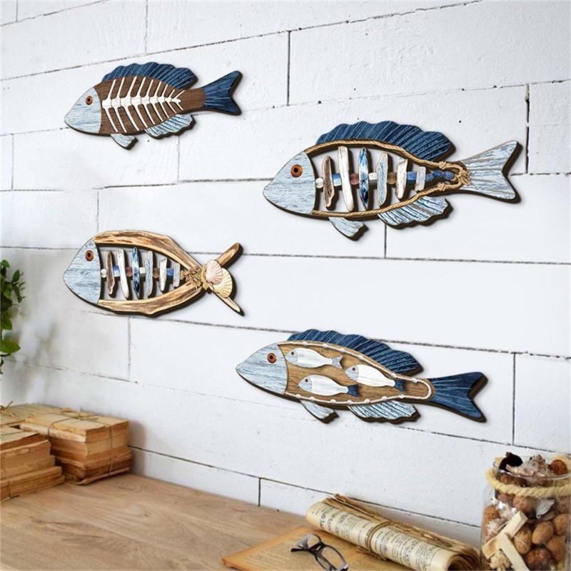 4Pieces Seasides Inspireds Wooden Wall Art Handmade Fish Decorations for Entryway Hallway Interior
