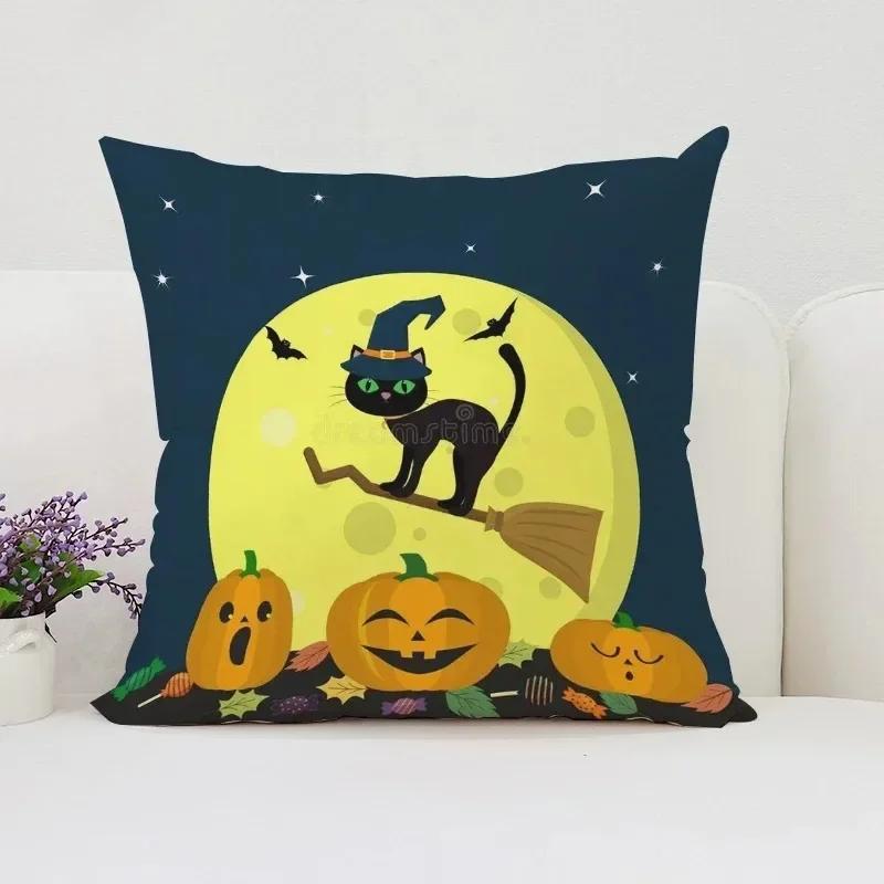 Housse de coussin décorative d'Halloween Chat Citrouille Adaptée pour Maison Salon Canapé Chambre Chambre Housse d'oreiller décorative