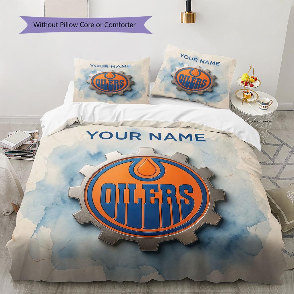 Custom Name,Edmonton Oilers Pattern Bedding Home Decoration Birthday Gift ( 1 Duvet Cover + 2 Pillowcase, Without Core),fan Merchandise.